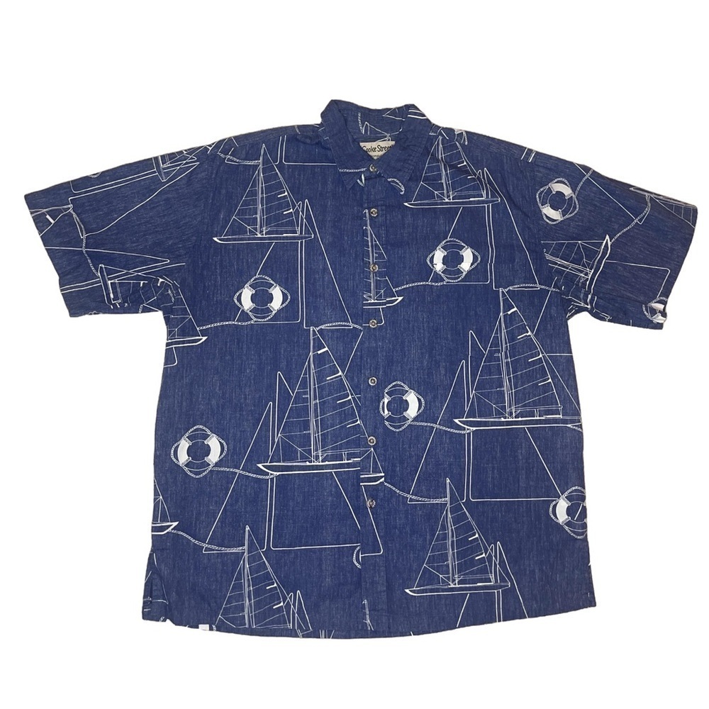Cooke Street Honolulu Yacht Hawaiian Button Down Shirt 1970s Vintage Men Large